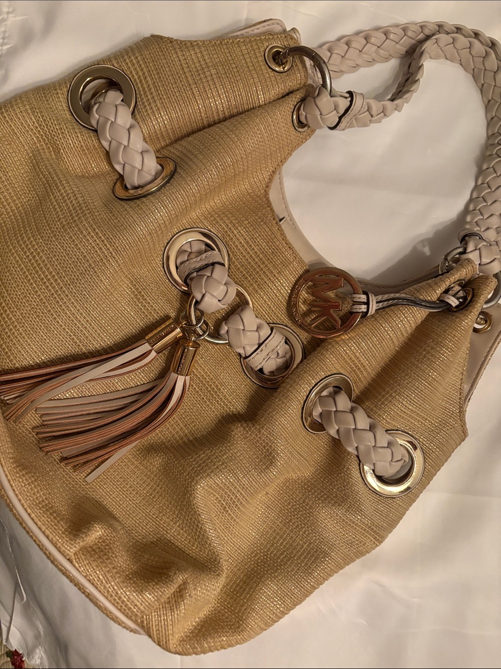 Michael Kors Gold Tote with Cream Braided Handles and Tassel Charm